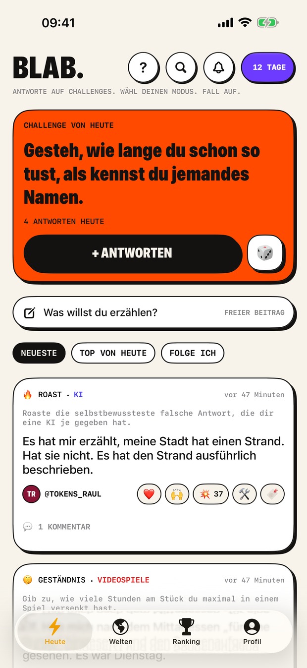 Der Tab „Heute“: oben die Challenge des Tages und darunter alles, was die Leute geantwortet haben, Neuestes zuerst.