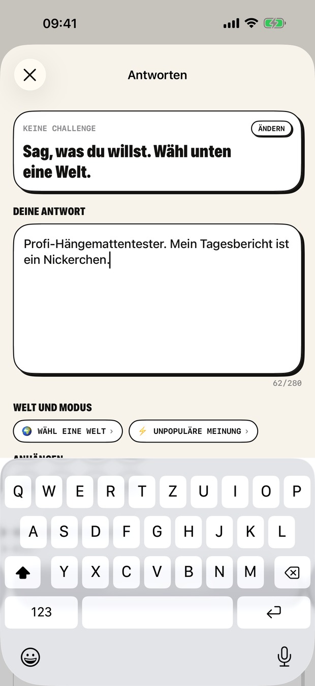 Beim Antworten: Die Challenge gibt den Modus vor; du wählst die Welt und wer antworten darf.