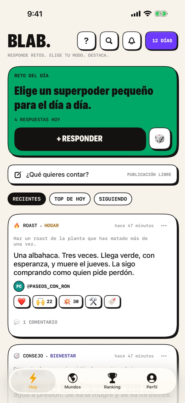 La pestaña Hoy: el reto del día arriba y todo lo que ha respondido la gente, lo más nuevo primero.