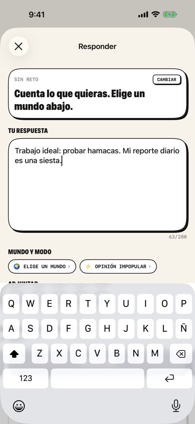 Responder: el reto marca el modo; tú eliges el mundo y quién puede responder.