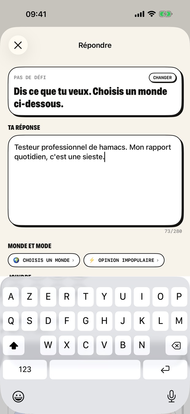 Répondre : le défi fixe le mode ; tu choisis le monde et qui peut répondre.